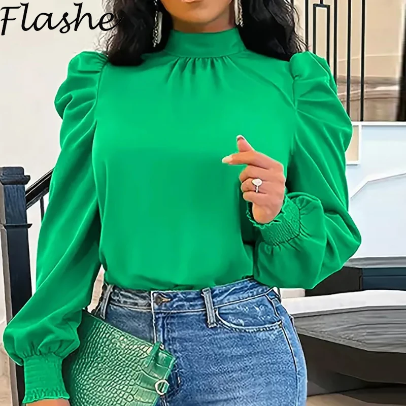 

Autumn Casual Turtleneck Long Sleeve Shirt Women Puff Sleeve Office Lady Top Solid Color Elegant Women T-Shirts Tee