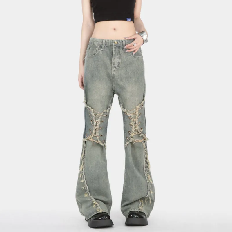 ANJY خريف جديد إمرأة الأمريكية الرجعية Bootcut الجينز شيك الدانتيل متابعة المتوترة حافة شارع العليا Y2K أنيق Ins عادية الدينيم السراويل A8891
