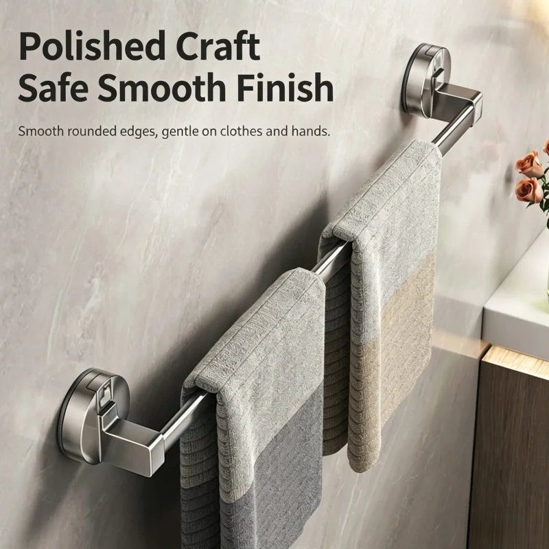 Gun Gray Suction‑cup Towel Rack, Wall‑Mounted Bathroom Bath Towel Bar with Hooks, Bathroom Hanging Storage Shelf