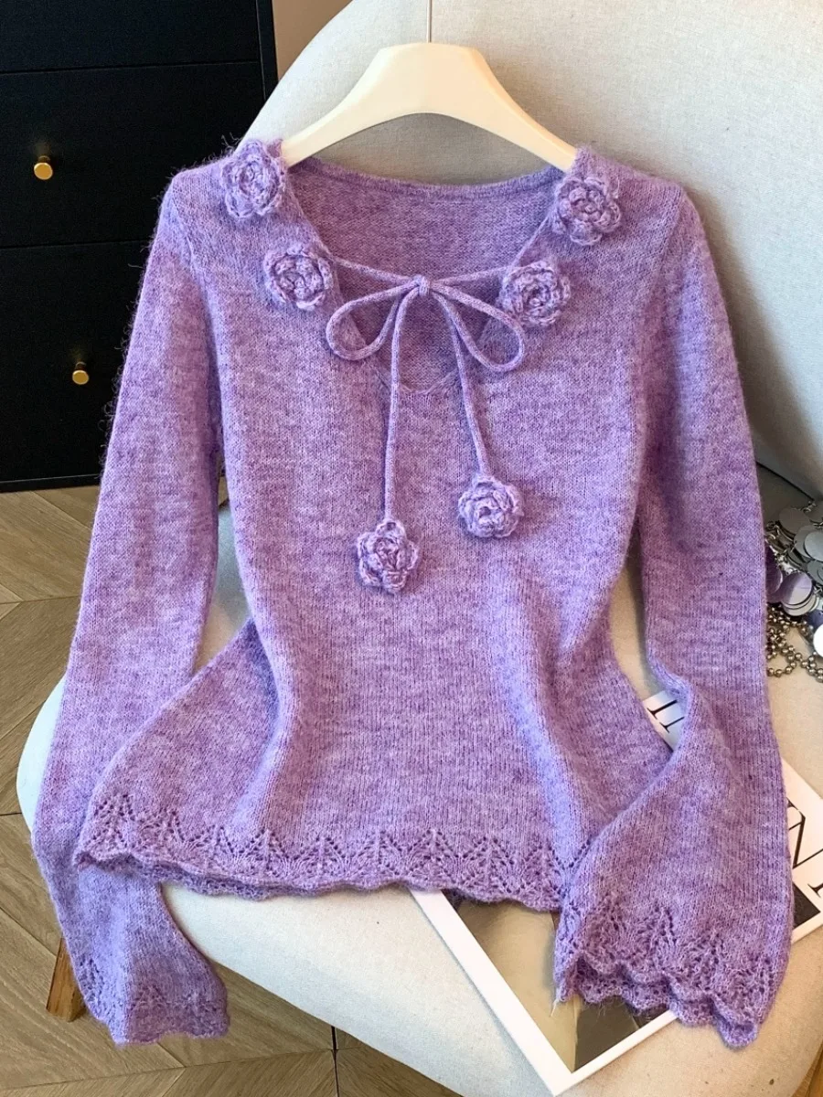 

Women's V-Ne Knitwear Purple 3D Flower Bow Tie Sweater Autumn Winter New Sle Korean Version Slim Fit Camere Inner Wear