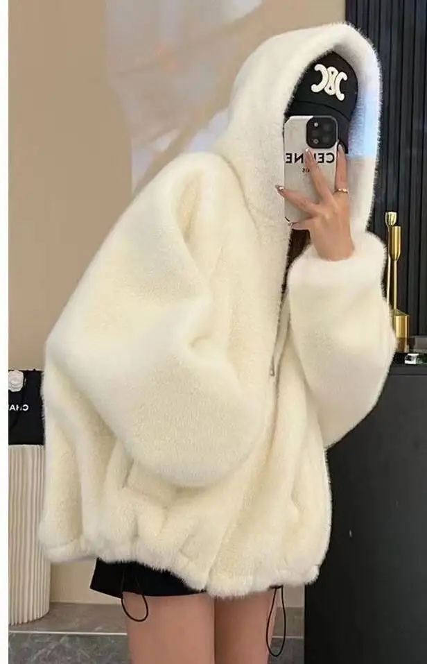 سترات نسائية شتوية من فراء الأرنب الحقيقي شيربا مزينة بالألماس بطبقات مزدوجة مع سحاب كامل وياقة مدورة للمكتب كاجوال