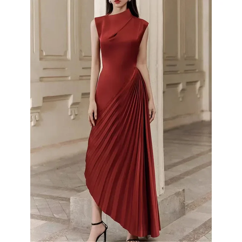 

High End Stand Collar Asymmetrical Pleated Runway Long Dress Women's Fashion Elegant Temperament Sleeveless Summer Dresses