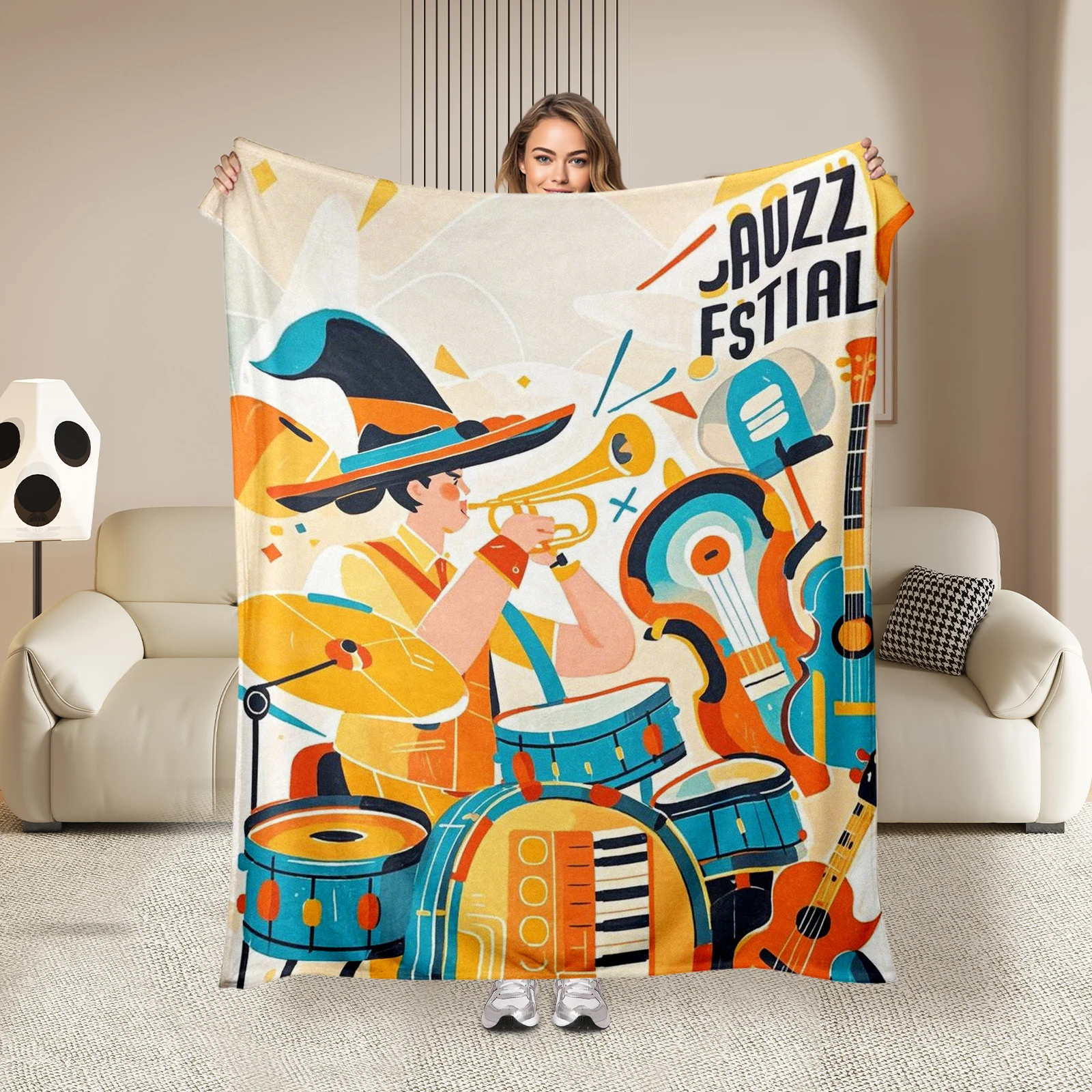 Creative Cartoon Characters Playing Instruments Blanket, Adds Musical Fun To Any Home, Suitable For All Ages.