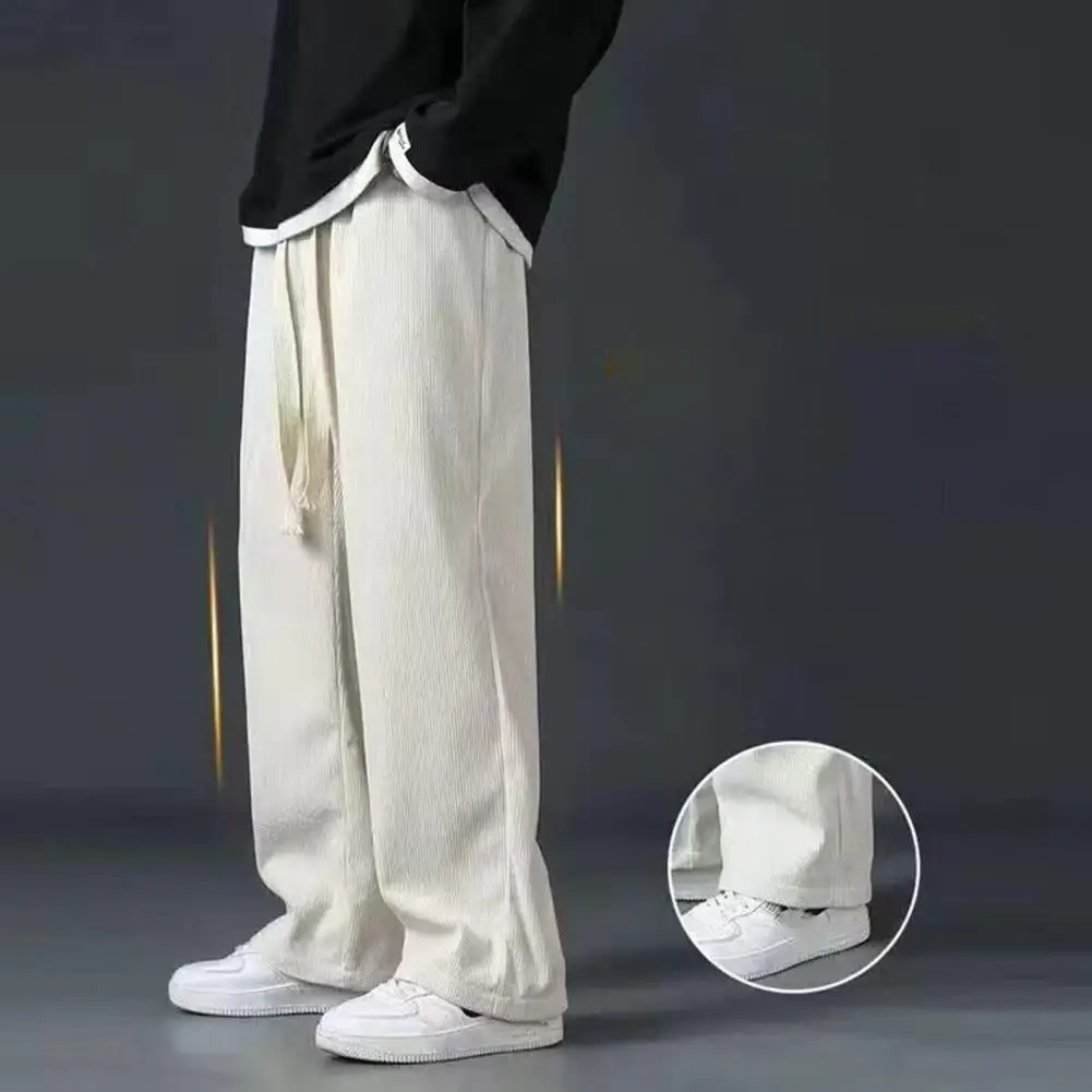 Elastic Waist Drawstring Pants Men's Corduroy Drawstring Pants with Elastic Waist Wide Leg for Spring Fall Thick Plush Slacks