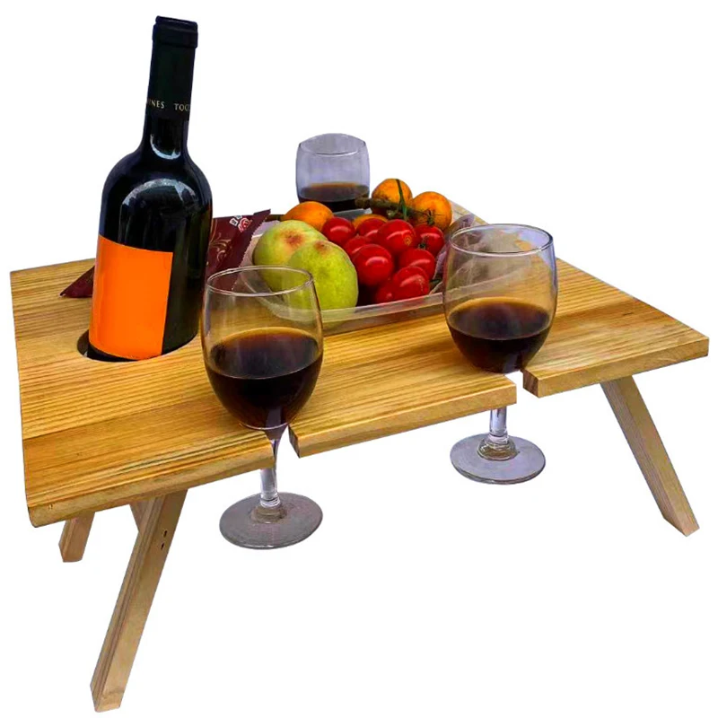 Wooden Folding Picnic Table Portable Rectangular Desk With 4 Goblet Holder & 1 Wine Bottle Slot For Travel Beach Picnic Tools