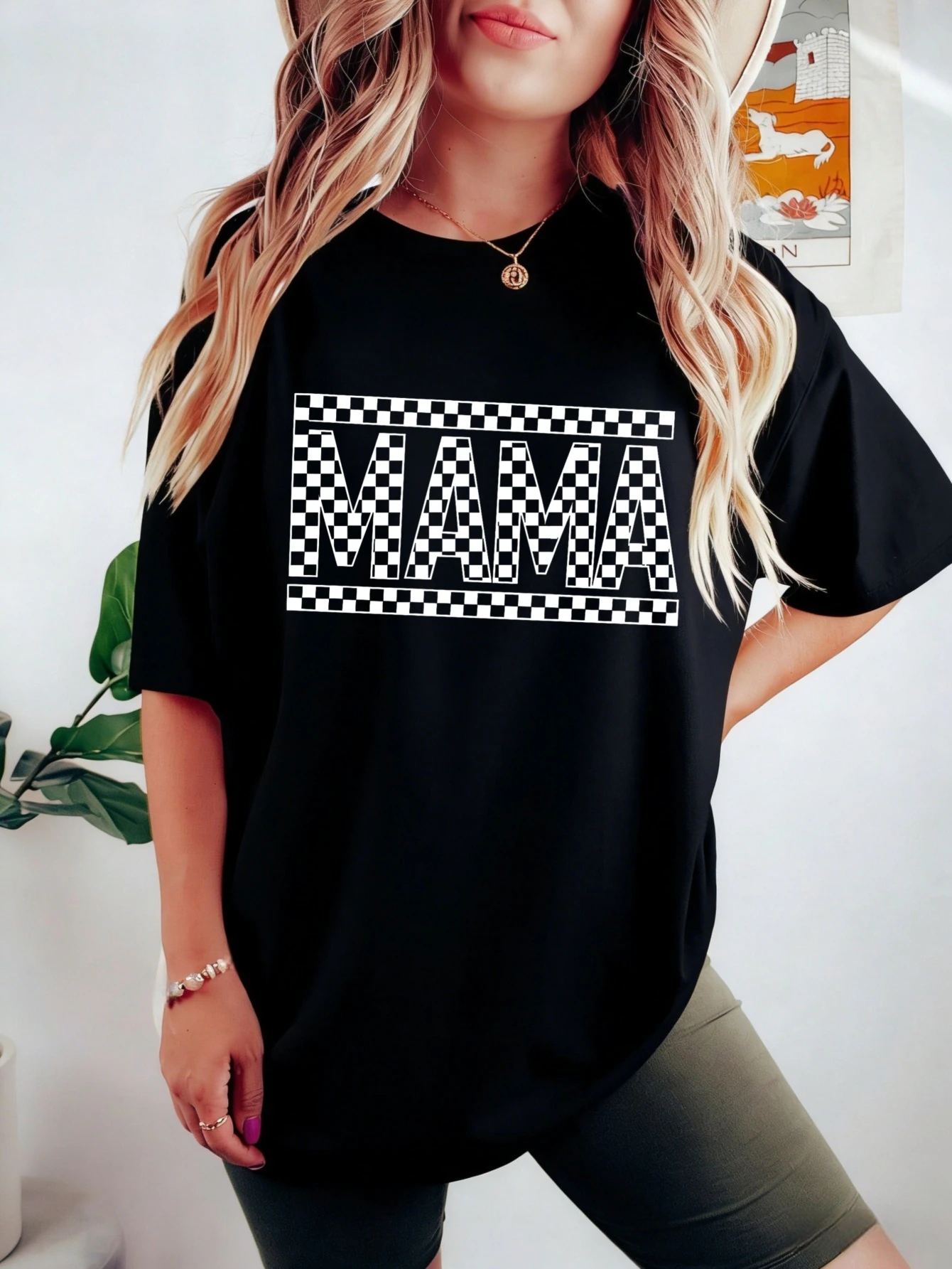 

Женская хлопковая футболка оверсайз с клетчатым принтом MAMA, с коротким рукавом, летняя, повседневная, подарок для нее