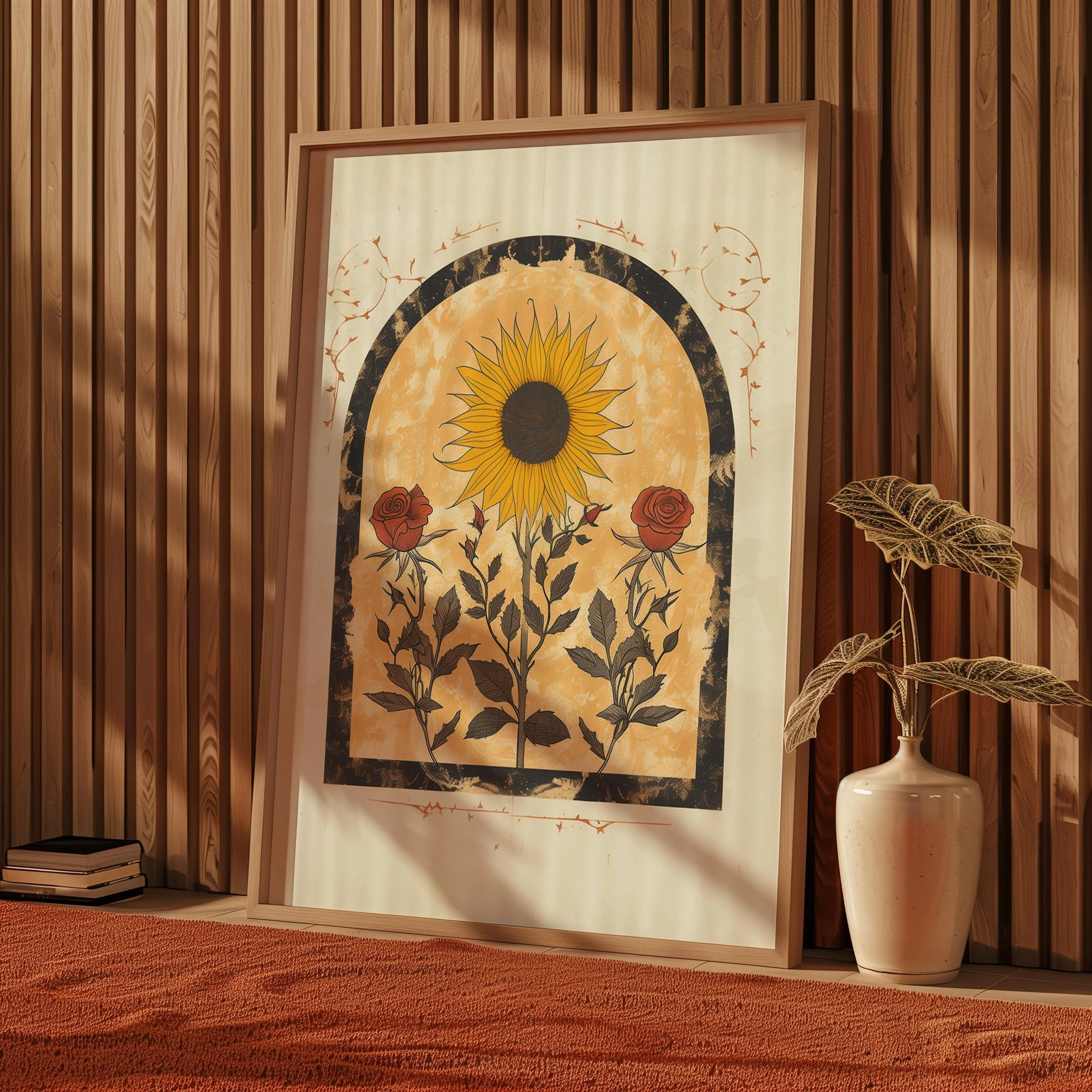 Sunflower and Roses Sun Art Poster Mystical Folk Art Illustration Flowery Spiritual Print Botanical Wall Art Earth Tones Decor