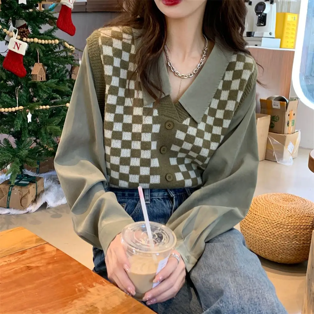 Autumn New Fashion Checkered Fake Two Piece Knitted Long Sleeve Shirt Original Design Vintage Elegant Casual Loose Women's Top