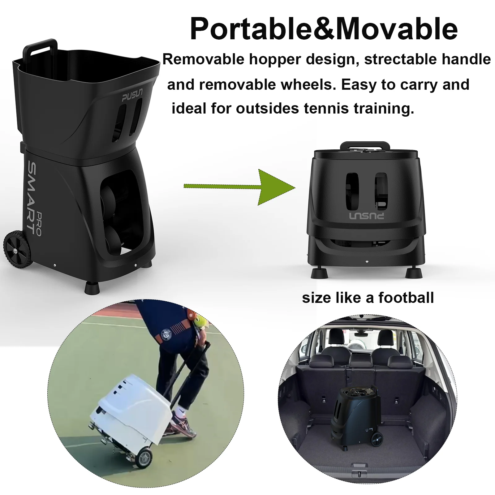 PT-SMART PRO New Arrivals PUSUN Tennis Ball Machine Launcher Equipment For Training Practice With APP Remote Control.