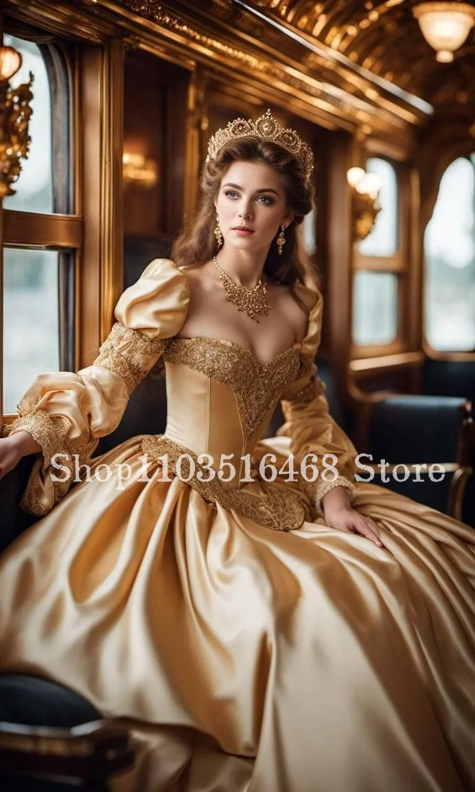 Fantasy Vintage Victorian Prom Dress Gold One Shoulder Long Sleeve Satin Corset Corset Fairytale Princess Elegant Party Dresses