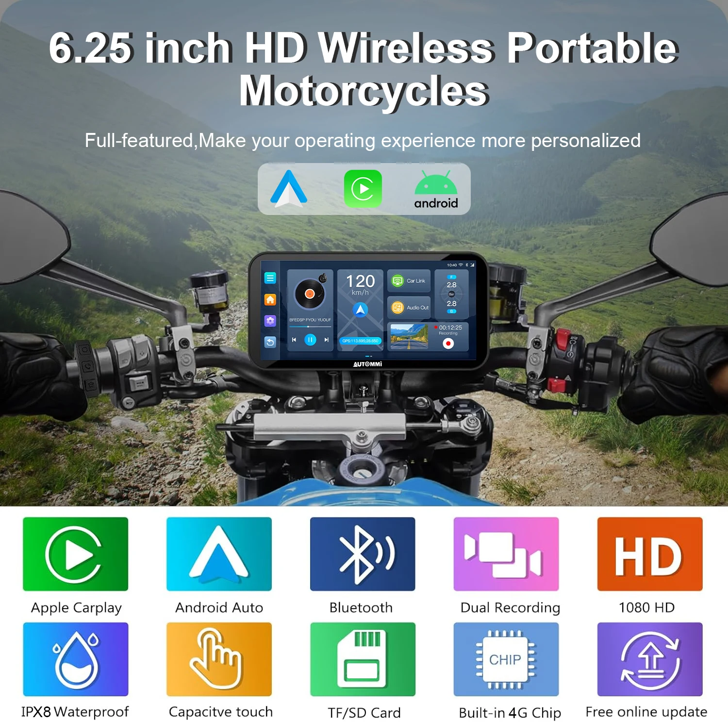 Autommi 6.25 Inch Portable Moto Screen Android 14 System GPS Bluetooth Navigation IPX8 Waterproof Smart Moto Camera Carplay