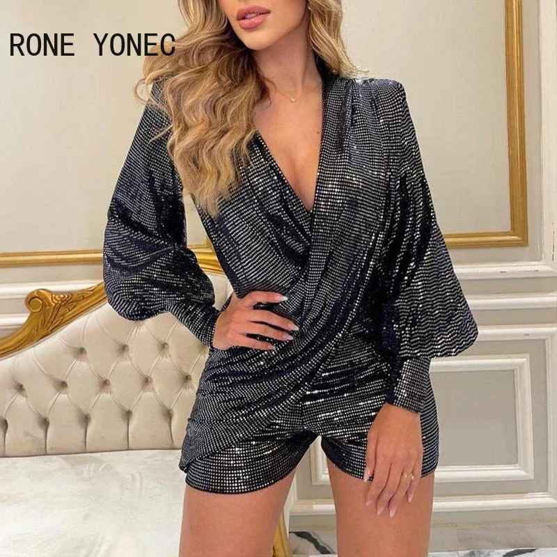 Women Solid  V neck Bishop Sleeve Sequins Wrap Asymmetrical Sexy Rompers