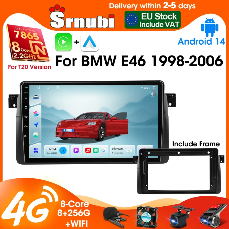 Autoradio Srnubi pour BMW E46 M3 X5 1998 1999 2000-2006 2Din Android 14 Lecteur multimédia Carplay Système intelligent pour voiture Unité centrale stéréo Écran IPS 4G WiFi 8 cœurs avec ventilateur de refroidissement intégré Navigation GPS Prise en charge SWC