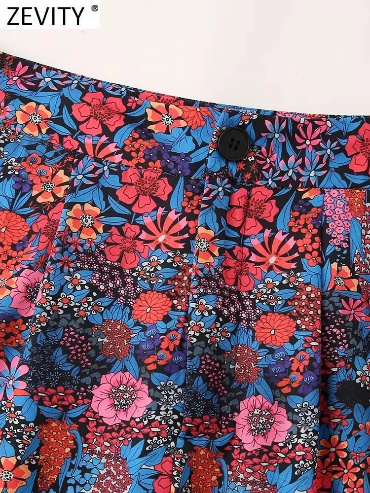ZEVITY Women Vintage Floral Print Front Pleats Casual Straight Pants Female Zipper Fly Long Length Pockets Trousers Mujer P264