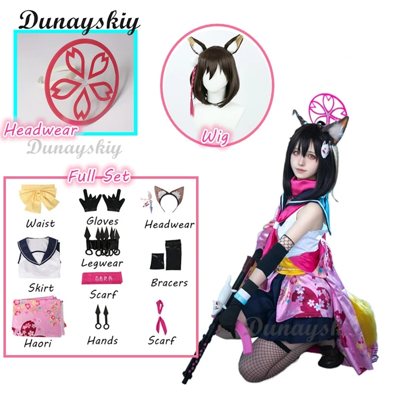 Game Blue Archive Cosplay Kuda Izuna Cosplay Costume Lovely Printed Kimono Uniform Wig Halo Women Halloween Party RolePlay Suit