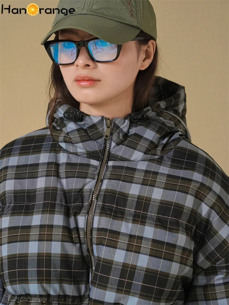 HanOrange 2024 Winter Retro Street Pattern Short Hooded Jacket 90% Duck Down Warm Fluffy Parkas Blue Coffee Plaid/Coffee Plaid