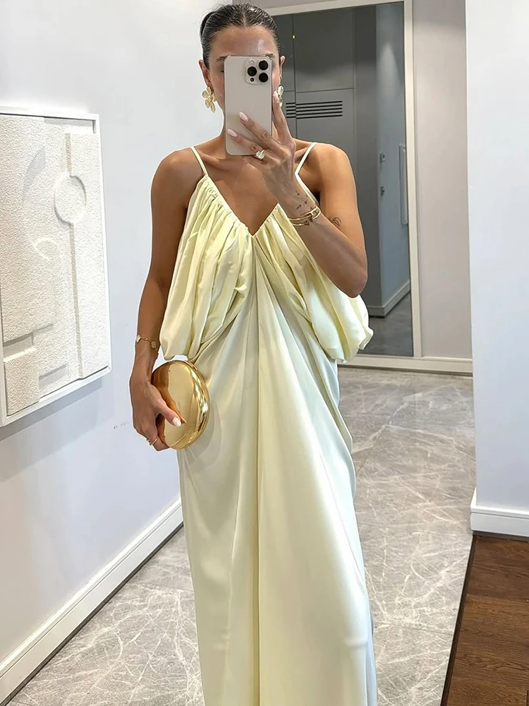 Kliou Zijdeachtig Satijn Ruches Elegante Sling Jurk Vrouw Diepe V-hals Sexy Backless Mouwloos Middernacht Cocktail Party Lange Bodycon