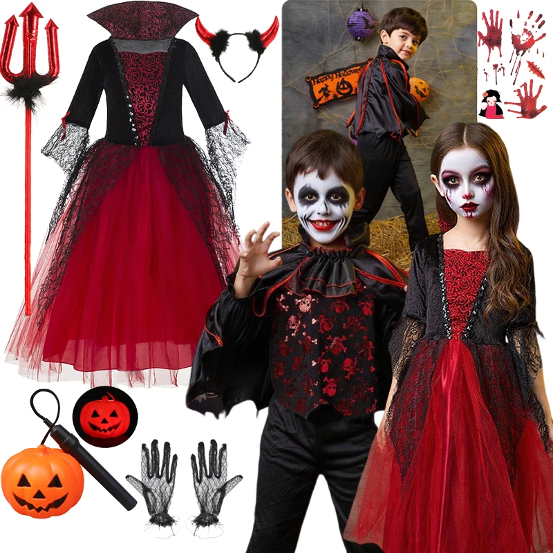 Boys and Girls Halloween Dress Boys Cosplay Costumes Gothic Costume for Children Ghost Bride Carnival Clothes
