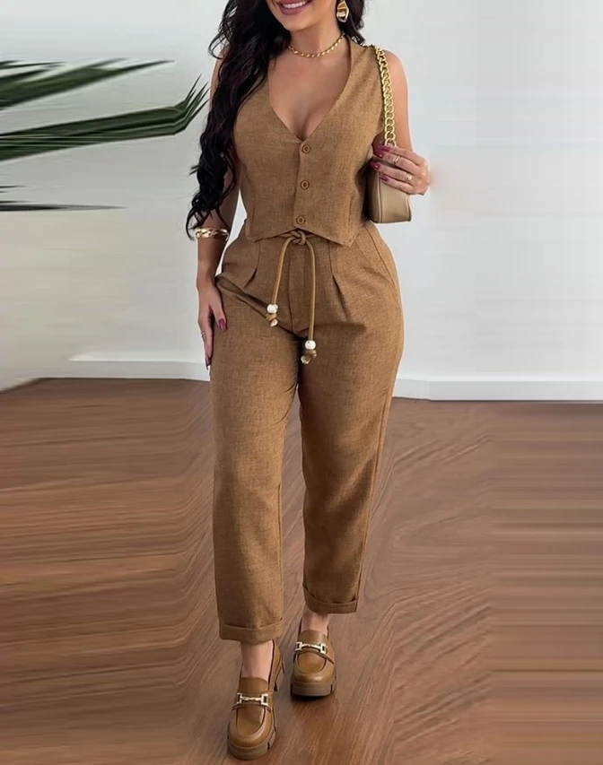 V-Neck Ribbed Vest Vest Vest Short Top and Pocket Design with Lace Up Details, Solid Color Casual Fashion Women's New Set