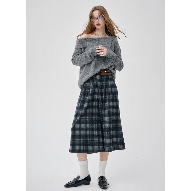 ELFSACK 2025 Winter New Arrivals Plaid High-waisted Wide-leg Pants For Woman