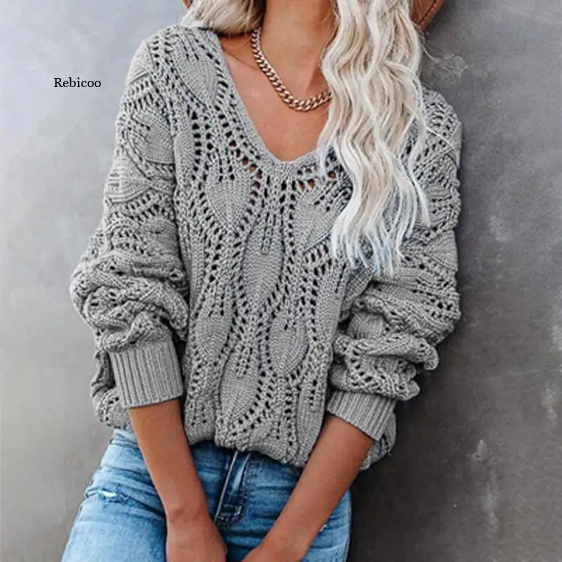 

Casual Solid V-Neck Sweater Women Fashion Loose Hollow Out Knitted Jumper Female 2021 Autumn Winter Long Sleeve Sweaters Elegant