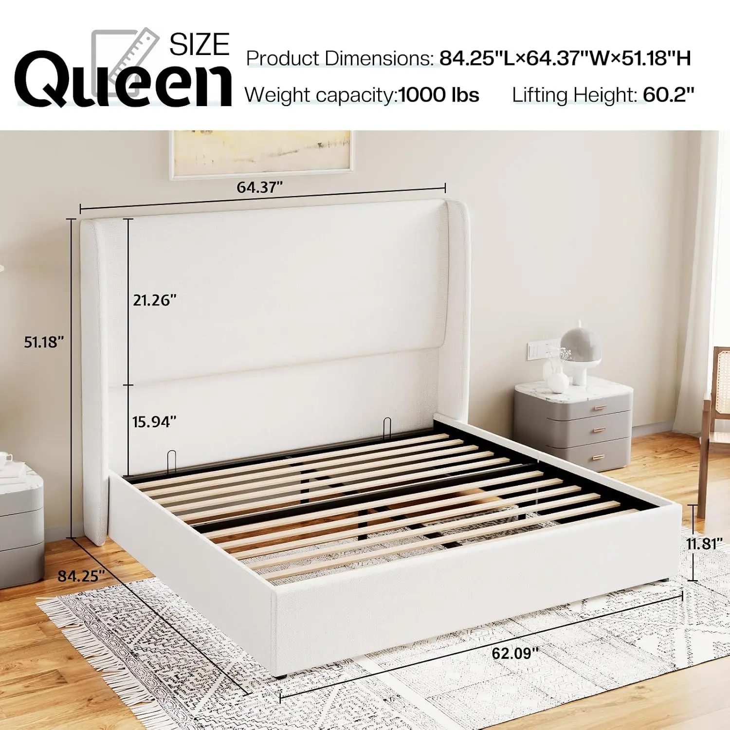Queen Lift Up Storage Bed Frame, Linen Wingback Headboard, White | Lift Up Storage, Hydraulic System, 51.2