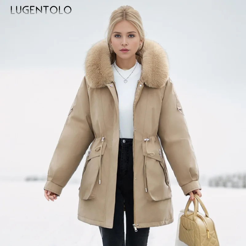 Women Casual Parkas Thickened Down Cotton Thermal Cargo Jacket Fashion Fake Fur Collar Hooded Waist-cinching Coat Available 6XL