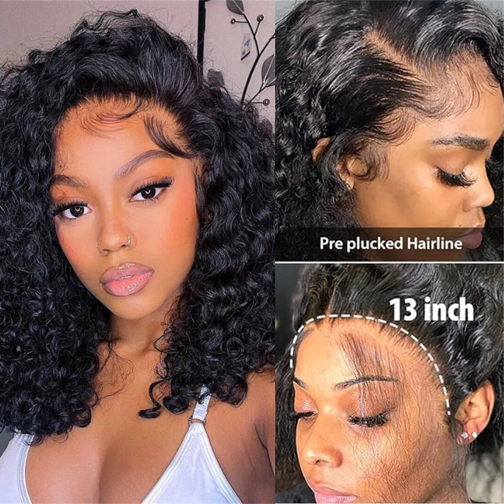 Kinky Curly Lace Front Perucas de Cabelo Humano, Curly Bob Perucas, Cor Natural, Transparente Lace Wigs, Brasileiro, Real, 13x4