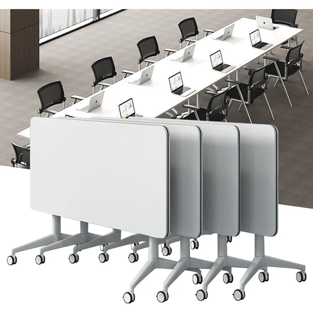 

Desk Foldable, Flip Mobile Training Desk Modern White Portable Desk with Silent Wheels for Office, Conference Room, Classroom