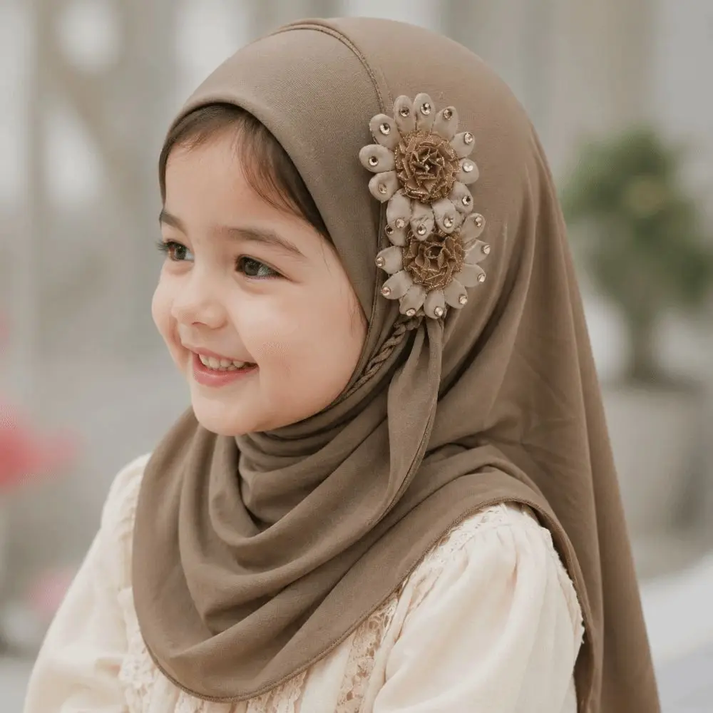 Hijab pour enfants à motifs floraux unis, style ethnique, chapeau de prière mignon pour filles, turban en soie glacée douce, foulard islamique