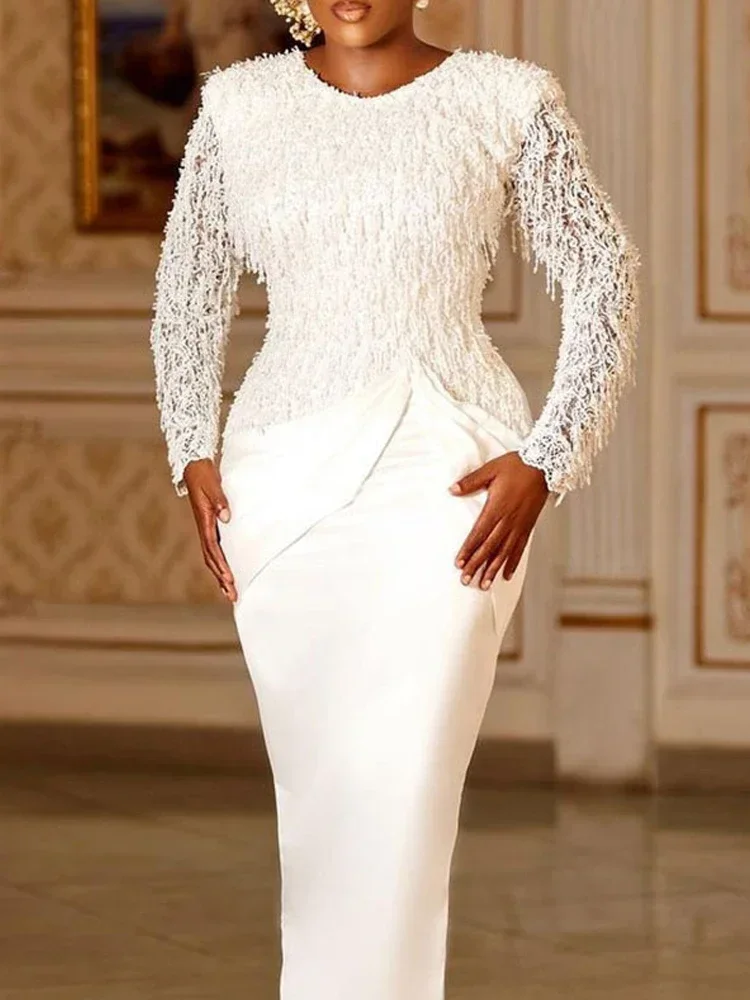 Women White Dresses Formal Long Sleeve Crew Neck Tassels Lace Stitching Midi Dress Evening Gown Spring 2023 Vestido Feminino