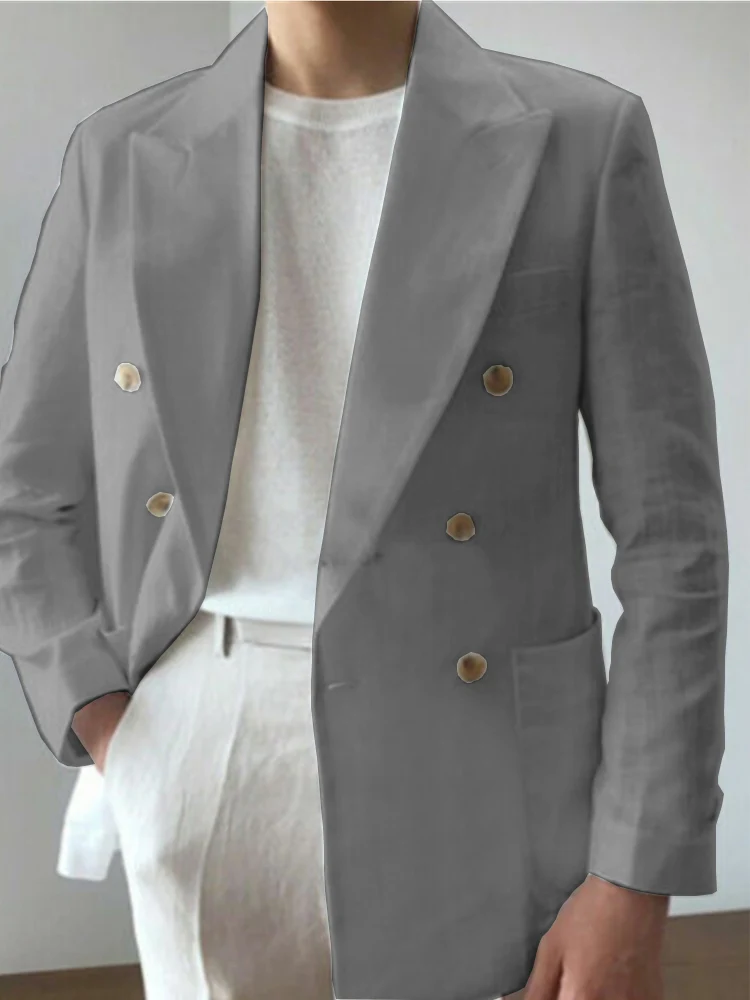 Men Double Breasted Lapel Linen Fabric Casual Suit Fashion Trendy Best Men Wedding Blazer 남성자켓 봄