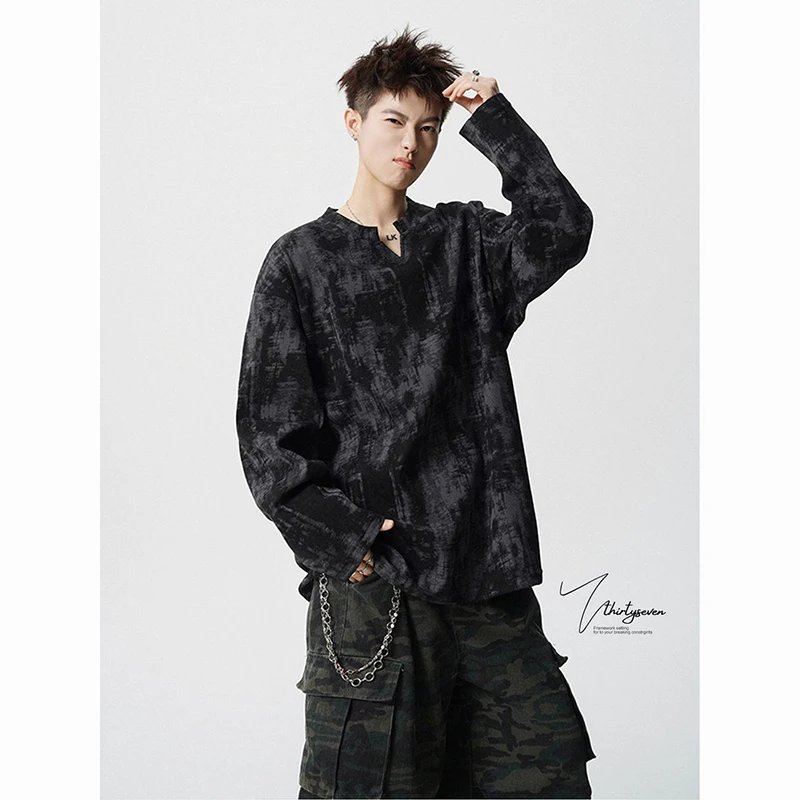 Men Wasteland Tie Dye Long Sleeve T-shirt Autumn American Oversized V Neck Sweatshirt Loose Casual Streetwear Base New Tops