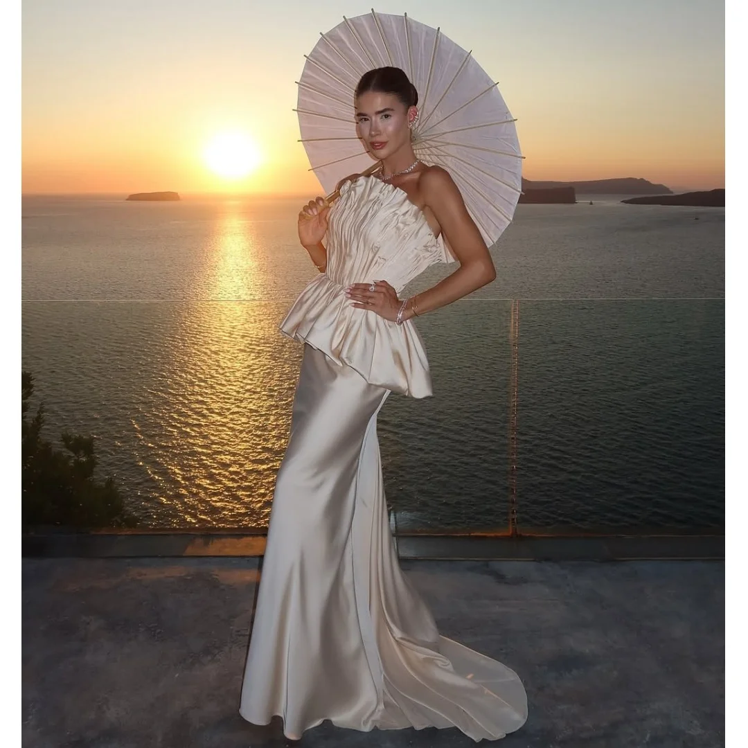 

Elegant Iovry Mermaid Evening Dress Strapless Ruffled Sleeveless Vestido de Noche Sweep Train Women Prom Dress Customized