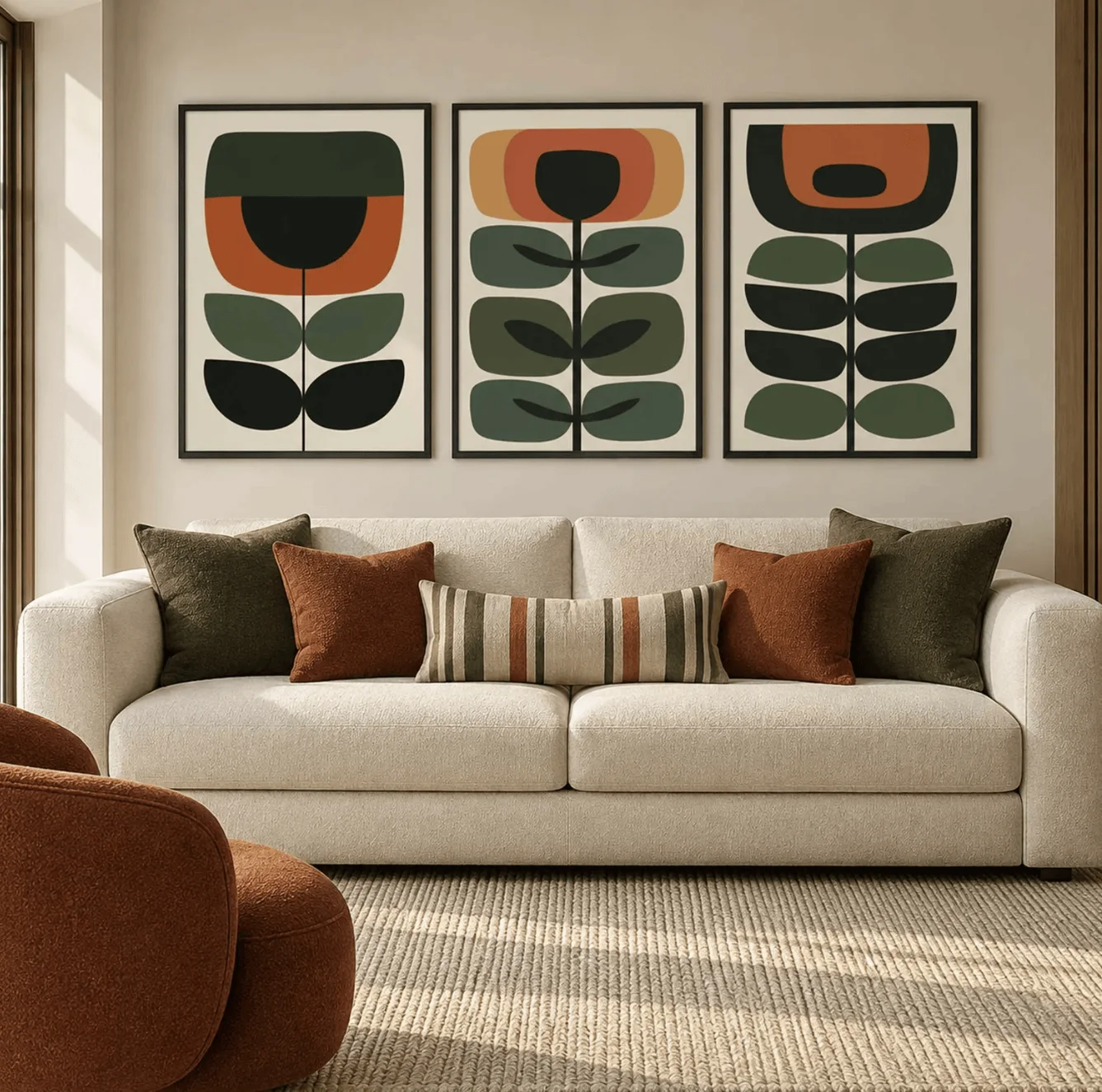 Mid Century Floral 3 Panels Wall Art Canvas Prints, Botanical Posters, Earth Tone Decor for Living Room Bedroom Decor