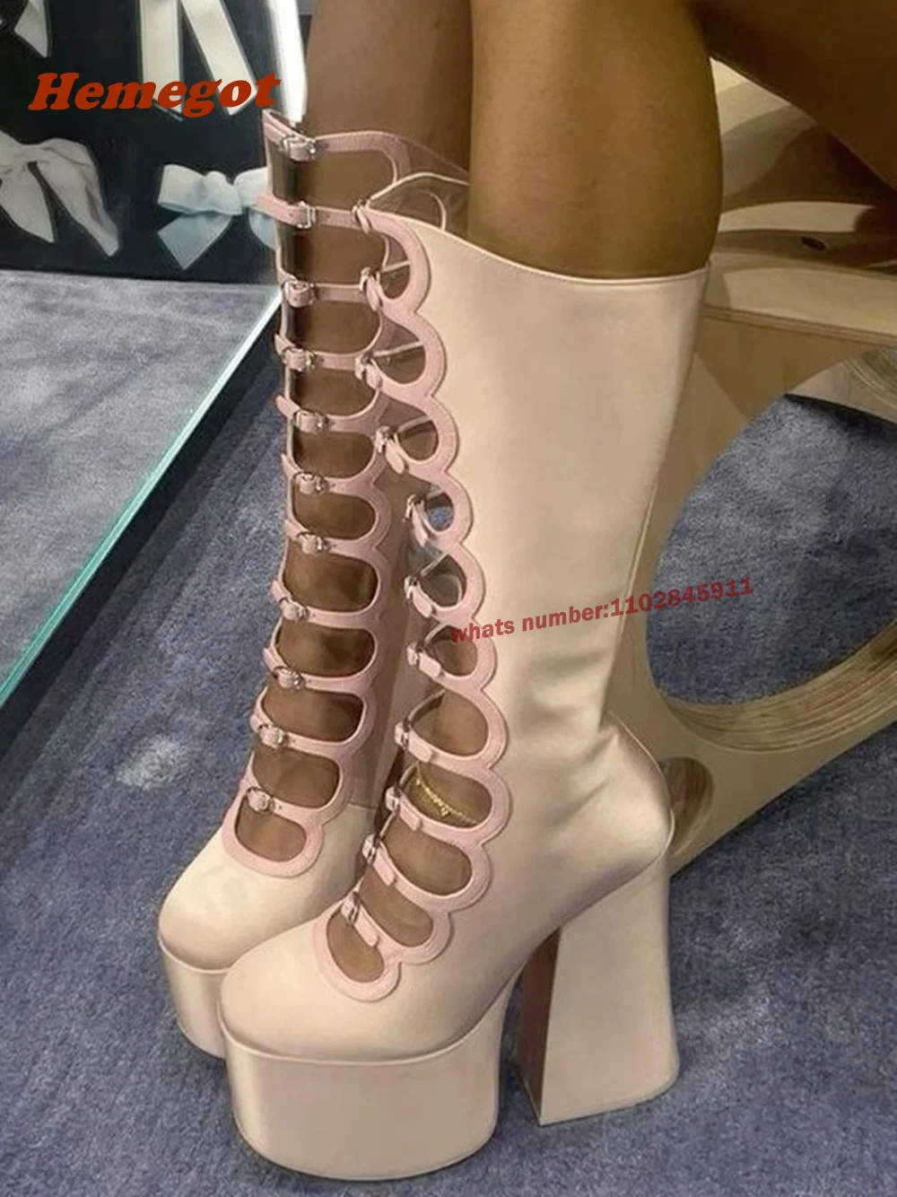 

Pink Thick Sole Hollow Calf Boots Side Zipper Square Heels Dance Shoes Round Toe Super Heel Sexy Sandals Largr Size Platform