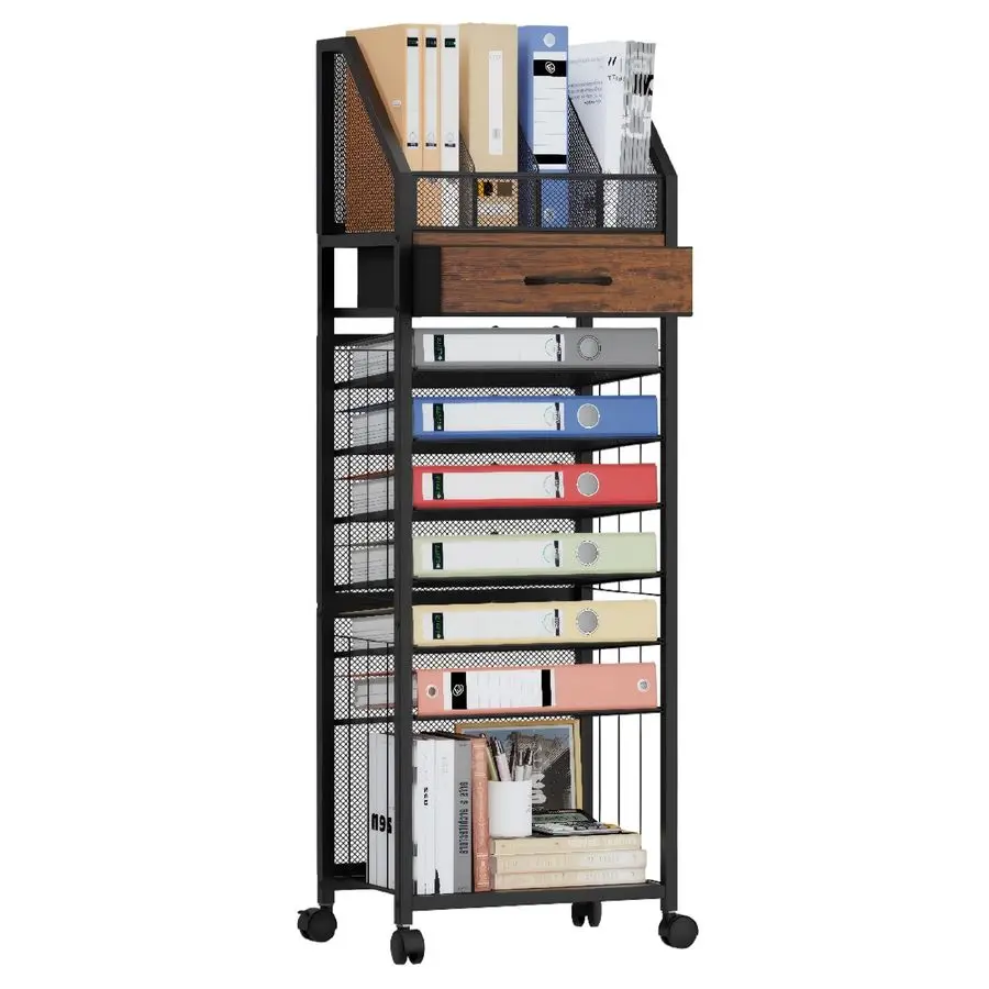 

9Tier Rolling File Cart Paper Organizer with Drawer and Trays, Wood Desk Office Organizer, Office Organization and Binder Storag