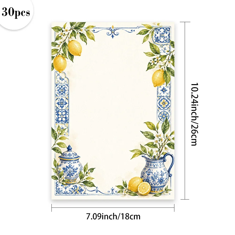 30 Sheets,B5 Mediterranean Blue Ceramic Lemonade Themed Writing Paper,lined, No Glue, Perfect For Notebooks, Memos, And Stickers