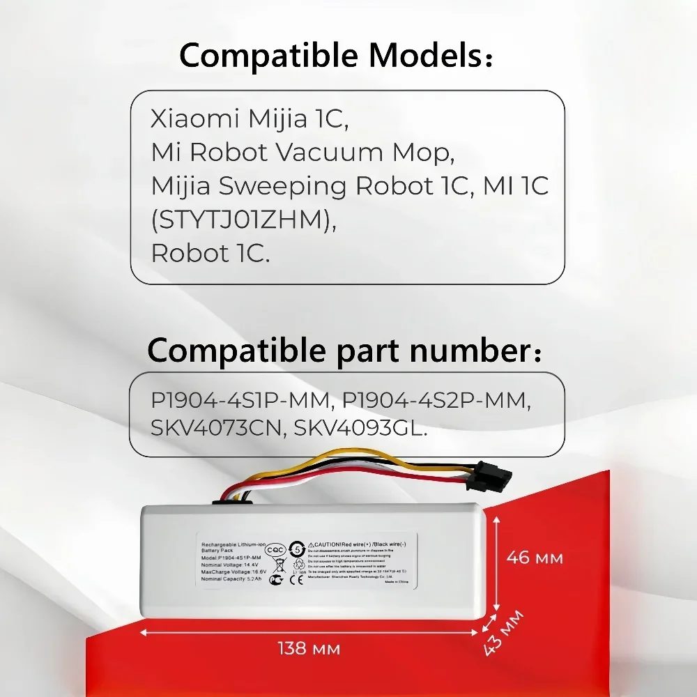 

14.4V 12800mAh 4S1P 4S2P Li ion 18650 Battery Pack for robot vacuum cleaner Xiaomi Vacuum Mop 1C STYTJ01ZHM P1904-4S1P-MM