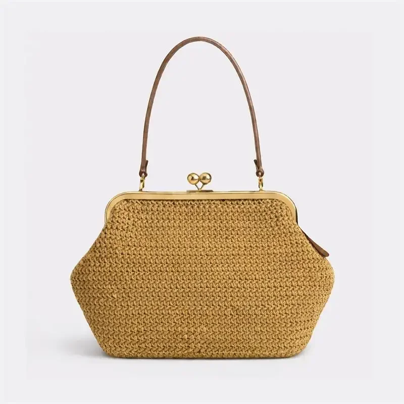 Luxuriöse Unregelmäßige Damen-Schultertasche, Sommer Strand Stroh Muschel-Handtasche Marken-Großraumtasche mit Clipverschluss Elegante Abendtasche – Detail 12