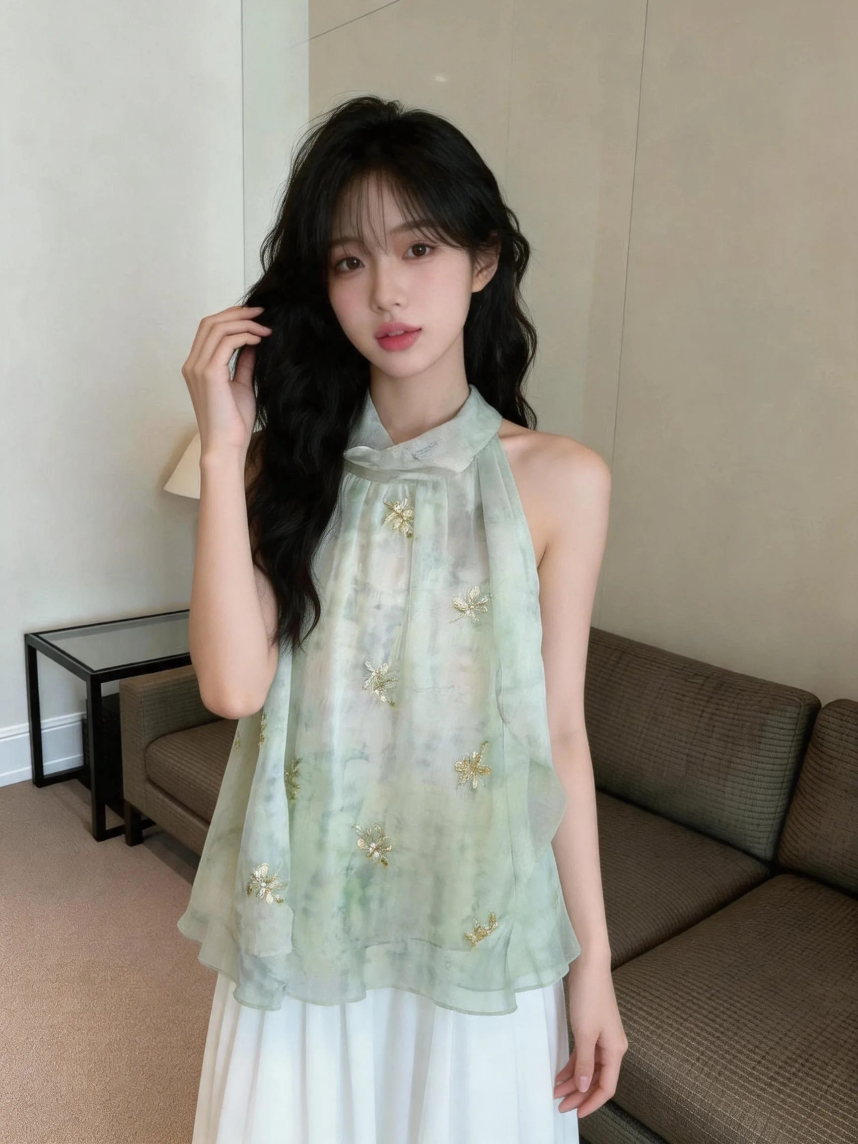 

Ladies Summer Casual Loose Chiffon Top with Embroidered Patchwork Sash Shoulder Wrap French Style Loose Fit Girls Shirt