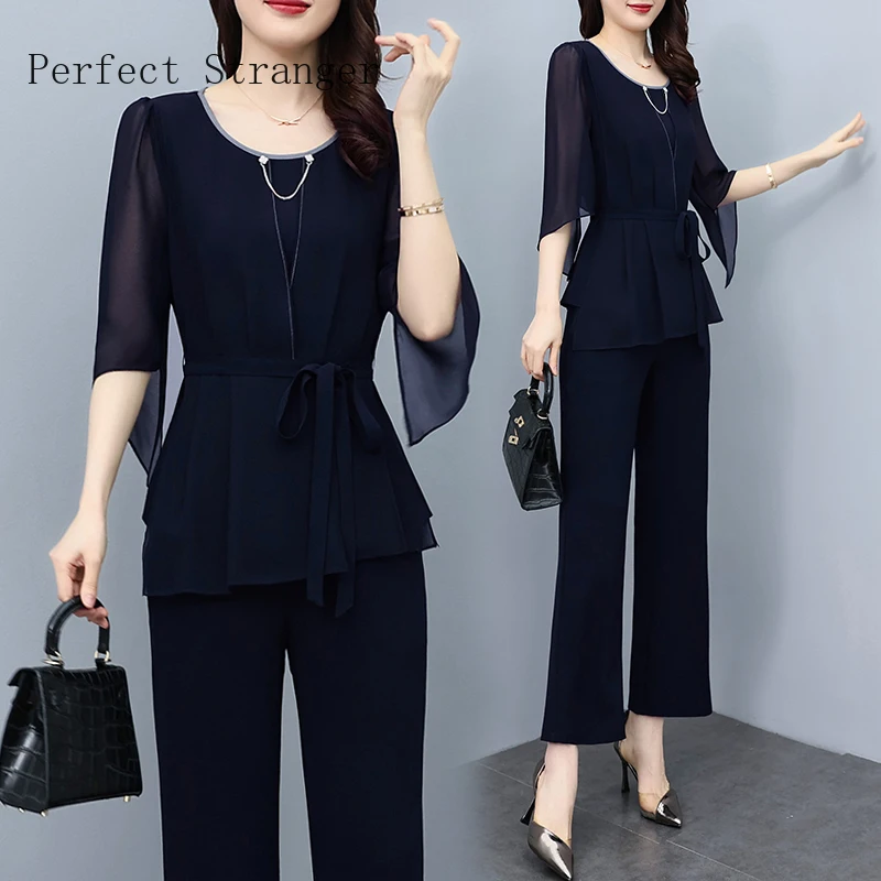 Women Chiffon Patchwork Elegant Pants Sets For Spring Autumn 2025 New Office Lady Slim Bow 2 Pieces Pantsuits Outfits Oversize