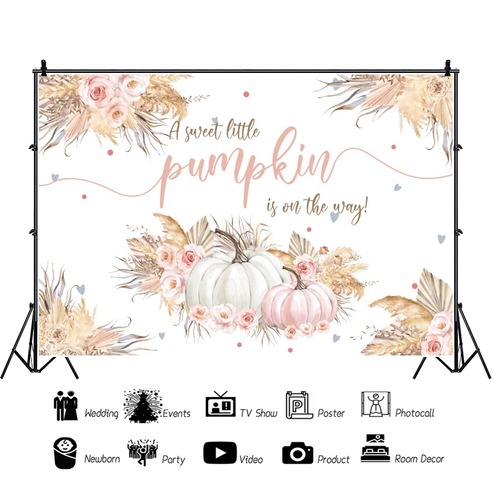 Laeacco Fall Pumpkin Baby Shower Background Gold Dots Flowers Autumn Pregnant Announcement Party Portrait Photography Backdrop