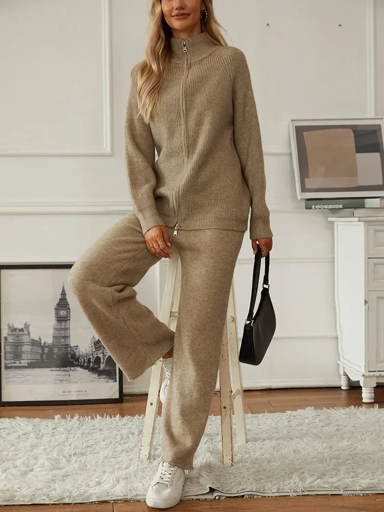 Women Two Piece Sets Full Sleeve Coats Zipper Knitted Sweaters Solid Wide Leg Long Pants Set Autumn Winter 2023 Loose Casual