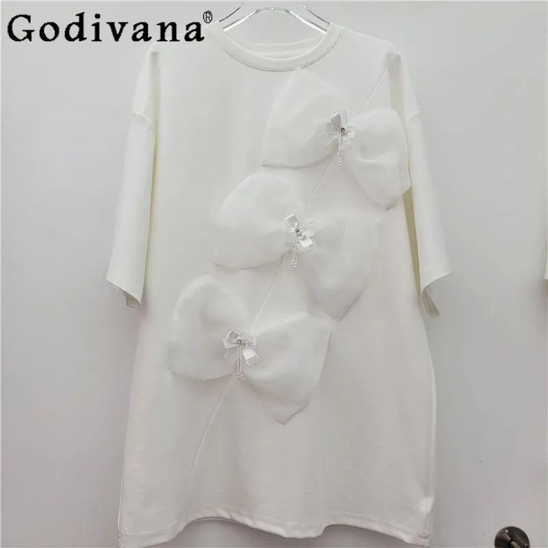 

2025 Summer New Loose Sweet Bow Short-sleeved T-shirt Cute Women's Leisure Fashion Pink Crew Neck Medium and Long Versatile Top