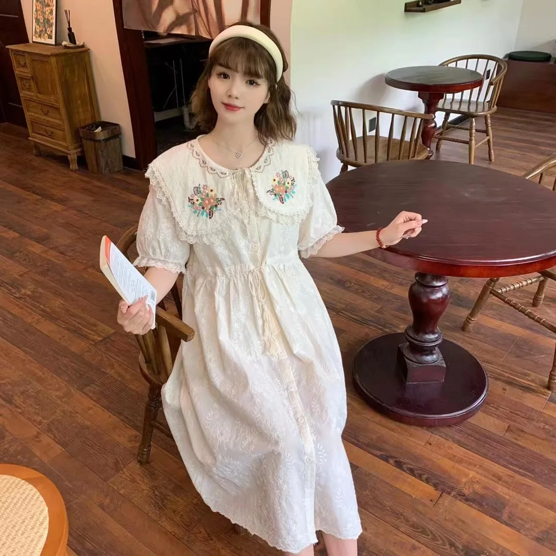 Sweet Women\'s Embroidered Flower Dress Mori Gril Doll Collar Short Sleeve Long Dresses Preppy Summer Casual Loose Vestidos Robe