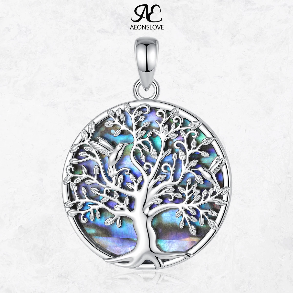 AEONSLOVE Hummingbird Tree of Life Necklace Round Abalone Shell Pendant Amulet Spiritual Jewelry Birthday Party Gift for Women