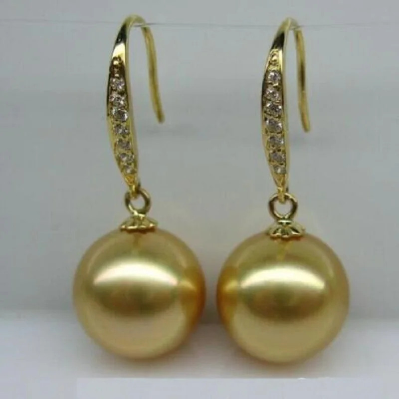 Elegant AAAA 10-11mm True Natural South China Sea Gold Round Pearl Earrings 925S