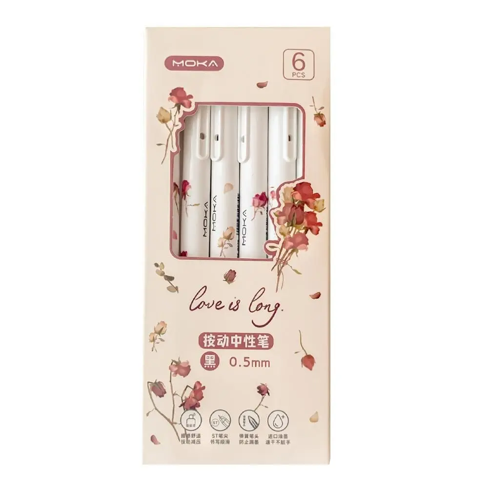 

6Pcs/Set Cute ST Nib Rose Press Gel Pen Quick-drying 0.5mm Black Ink Neutral Pens Smooth Writing Aesthetic Pens School Office