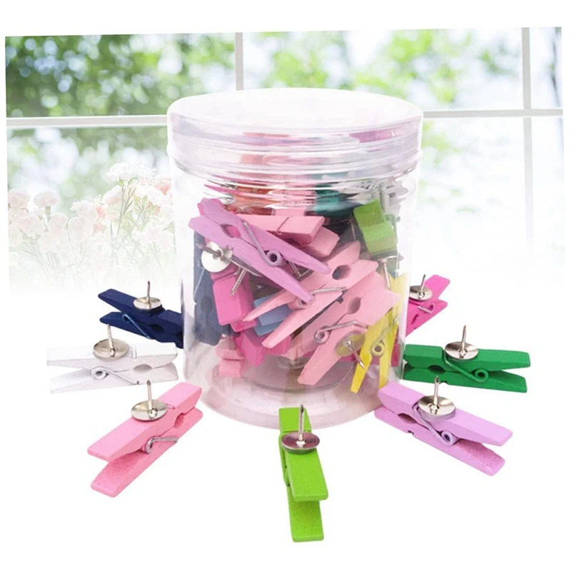 50 قطعة دبابيس الضغط الخشبية ومسامير الإبهام مشابك ورق الحرف الزخرفية للملاحظات والصور ولوحات الفلين ألوان عشوائية